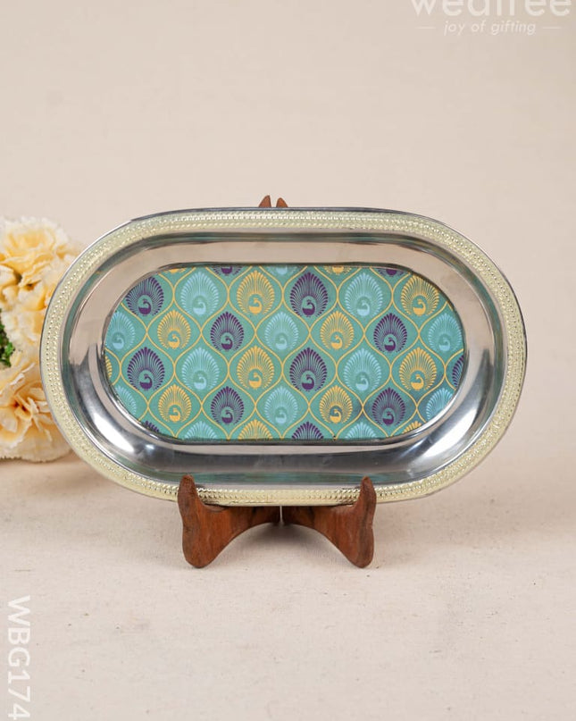 Digital Printed Meenakari Oval Plate - Peacock Design - WBG1742 Meenakari Trays & Plates