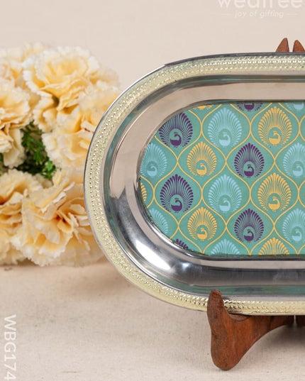 Digital Printed Meenakari Oval Plate - Peacock Design - WBG1742 Meenakari Trays & Plates