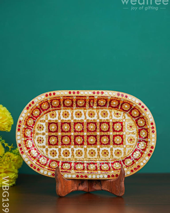 Meenakari Oval Plate Red And White Colour - Wbg1395 Trays & Plates