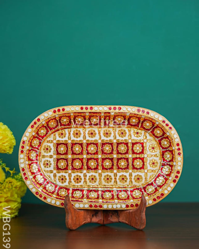 Meenakari Oval Plate Red And White Colour - Wbg1395 Trays & Plates
