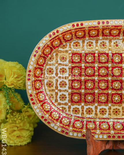Meenakari Oval Plate Red And White Colour - Wbg1439 Trays & Plates