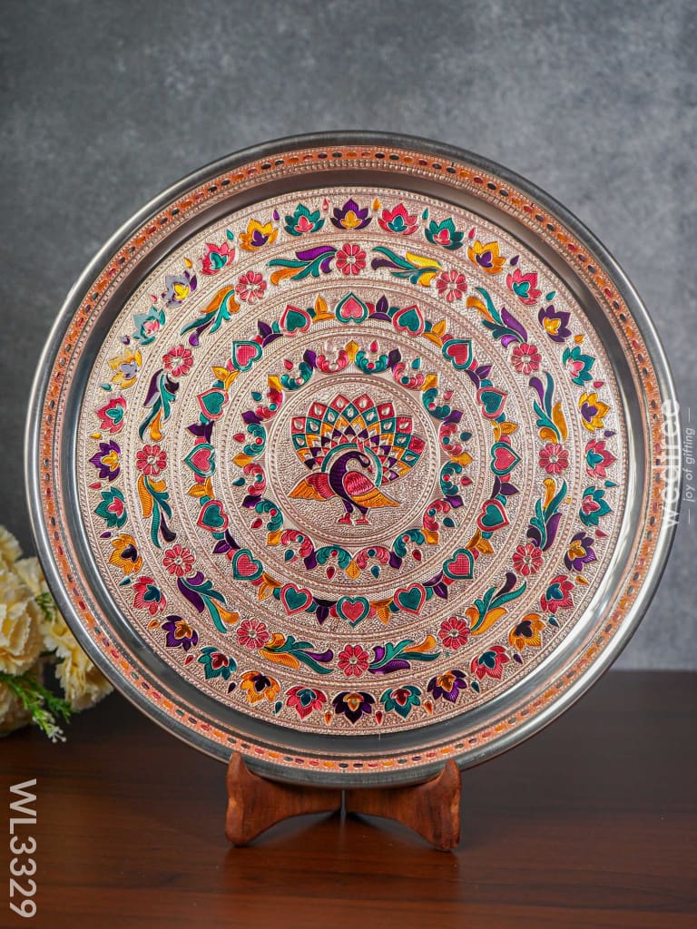 Meenakari Peacock Plate With Copper Finish - 13.5 Inch Wl3329 Trays & Plates