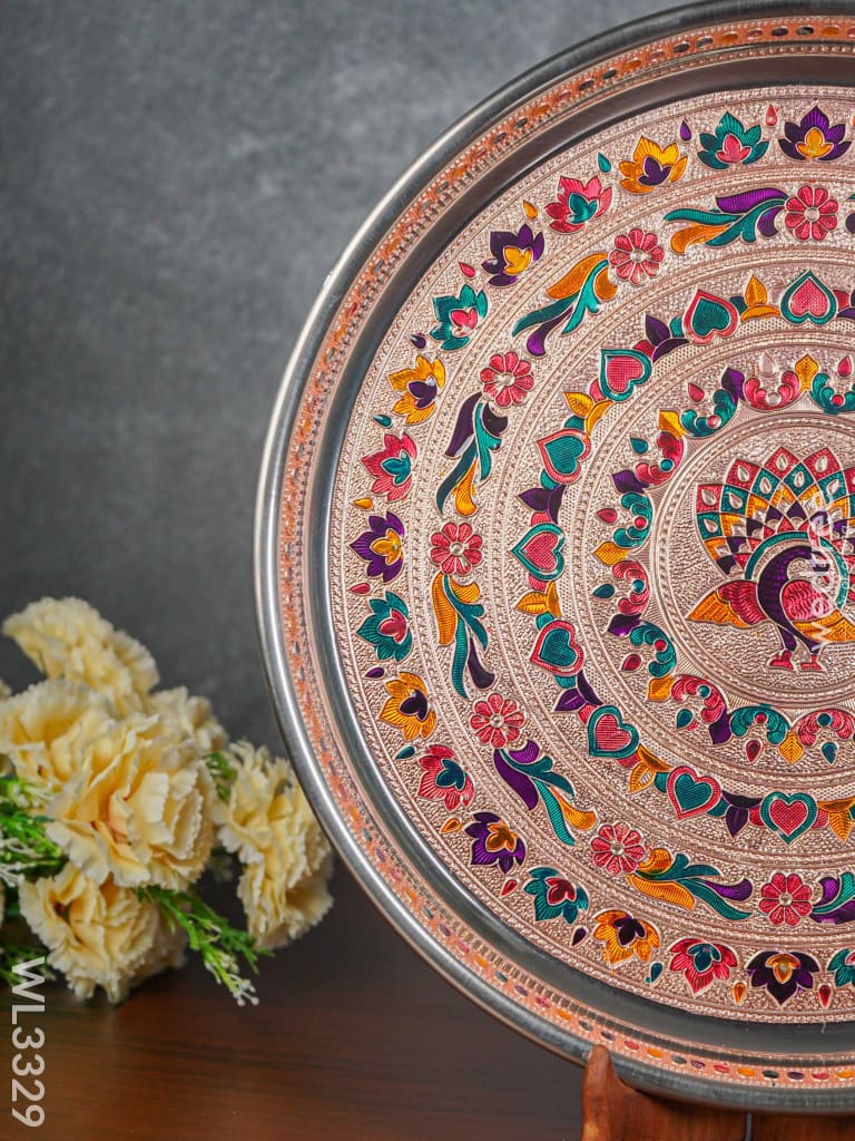 Meenakari Peacock Plate With Copper Finish - 13.5 Inch Wl3329 Trays & Plates