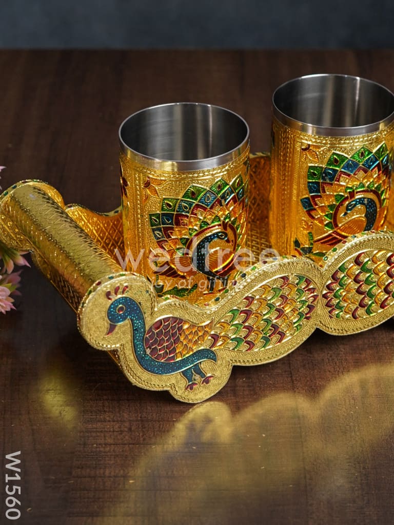 Meenakari Peacock Tray Set With 2 Glass - W1560 Trays & Plates