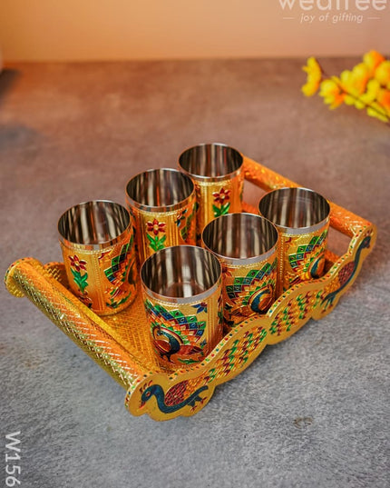 Meenakari Peacock Tray Set With 6 Glass - W1562 Sets