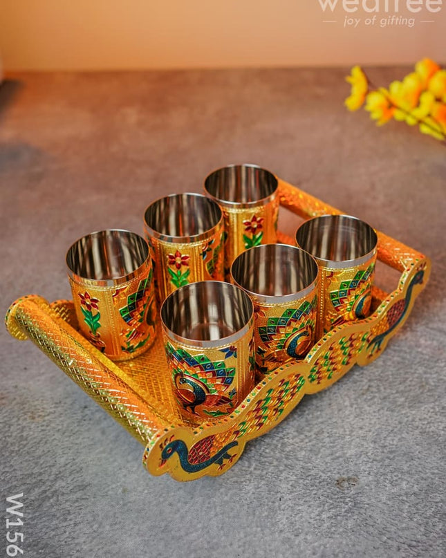 Meenakari Peacock Tray Set With 6 Glass - W1562 Sets