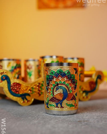 Meenakari Peacock Tray Set With 6 Glass - W1562 Sets