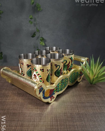 Meenakari Peacock Tray Set With 6 Glass - W1562 Trays & Sets