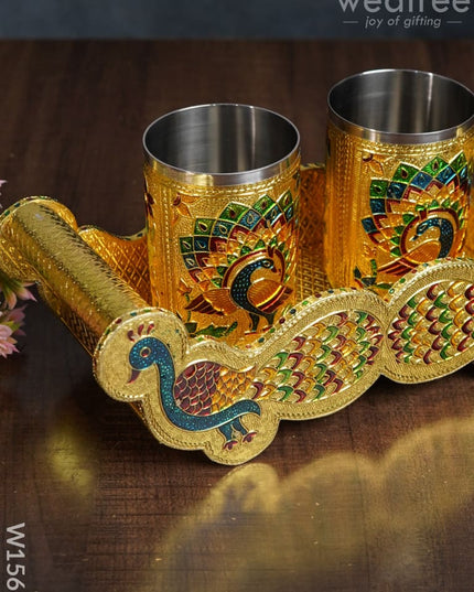 Meenakari Peacock Tray Set With 2 Glass - W1560 Trays & Plates