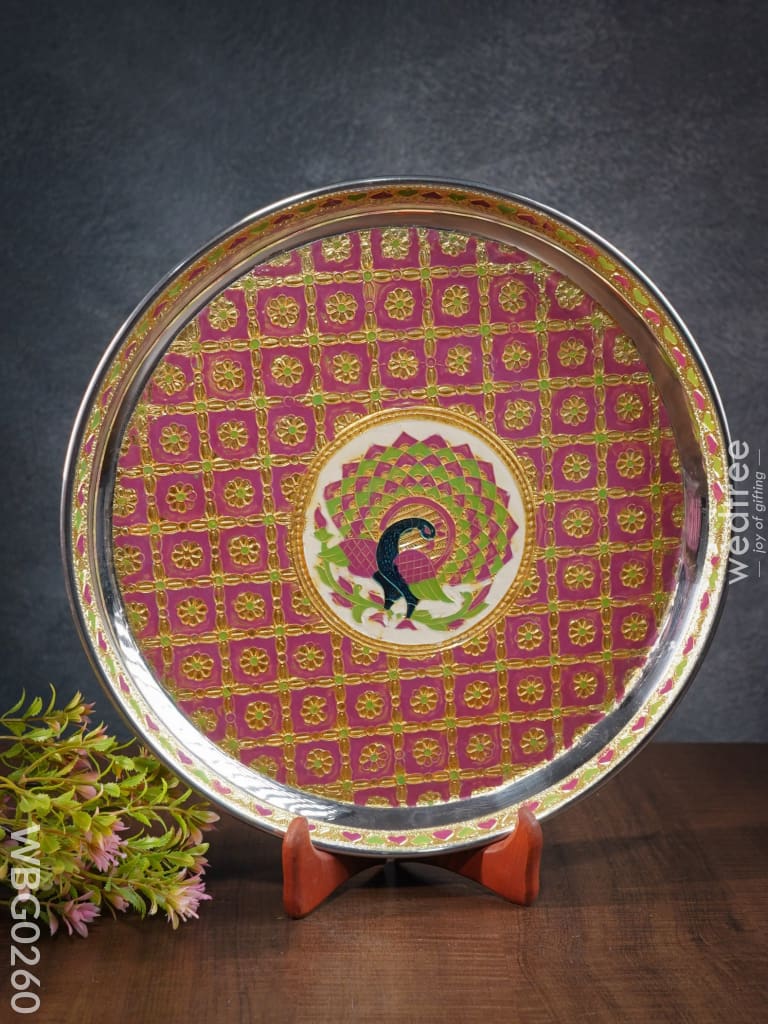 Meenakari Round Plate With Peacock Design - 12Inches Wbg0260 Trays & Plates