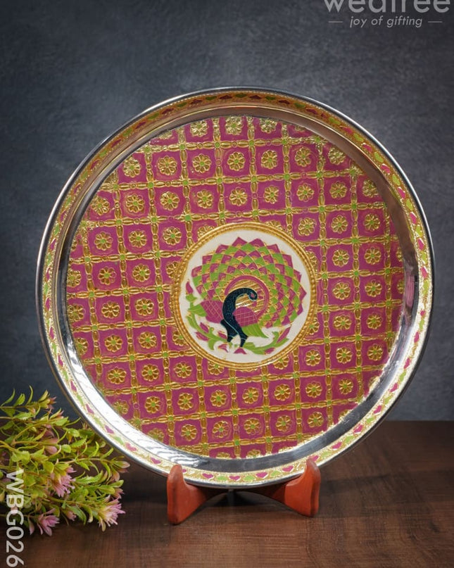 Meenakari Round Plate With Peacock Design - 12Inches Wbg0260 Trays & Plates