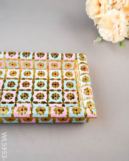Meenakari Tray - Pastel Pink & Blue - 10X6 inch - WL5953-1 - Meenakari Trays & Plates