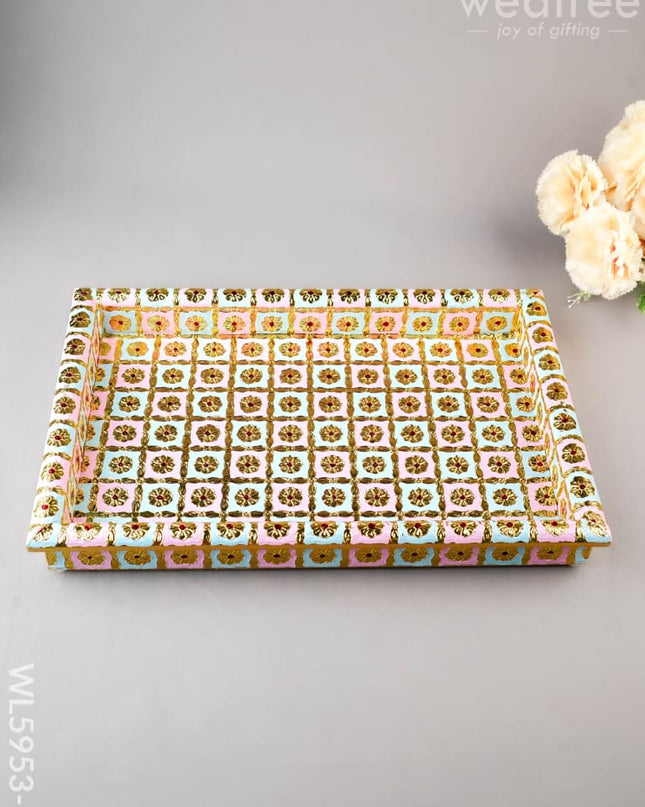 Meenakari Tray - Pastel Pink & Blue - 15x10 inch - WL5953-3 - Meenakari Trays & Plates