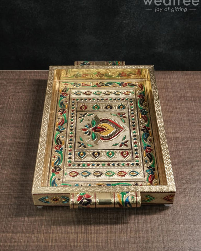 Meenakari Tray With Deepam Design - 11X7Inches Wl1043 Premium Trays & Plates
