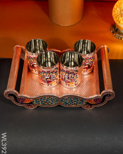 Meenakari Tray With Set Of 4 Glass - Wl3929 Trays & Plates