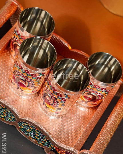 Meenakari Tray With Set Of 4 Glass - Wl3929 Trays & Plates