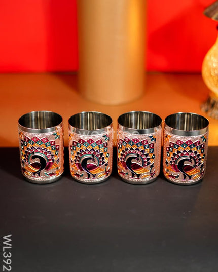 Meenakari Tray With Set Of 4 Glass - Wl3929 Trays & Plates