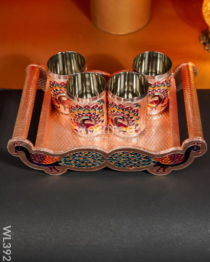 Meenakari Tray With Set Of 4 Glass - Wl3929 Trays & Plates