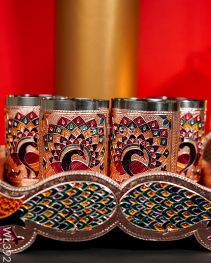 Meenakari Tray With Set Of 4 Glass - Wl3929 Trays & Plates