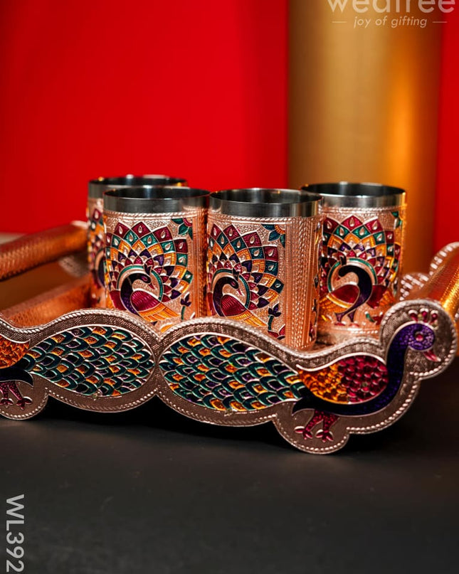 Meenakari Tray With Set Of 4 Glass - Wl3929 Trays & Plates