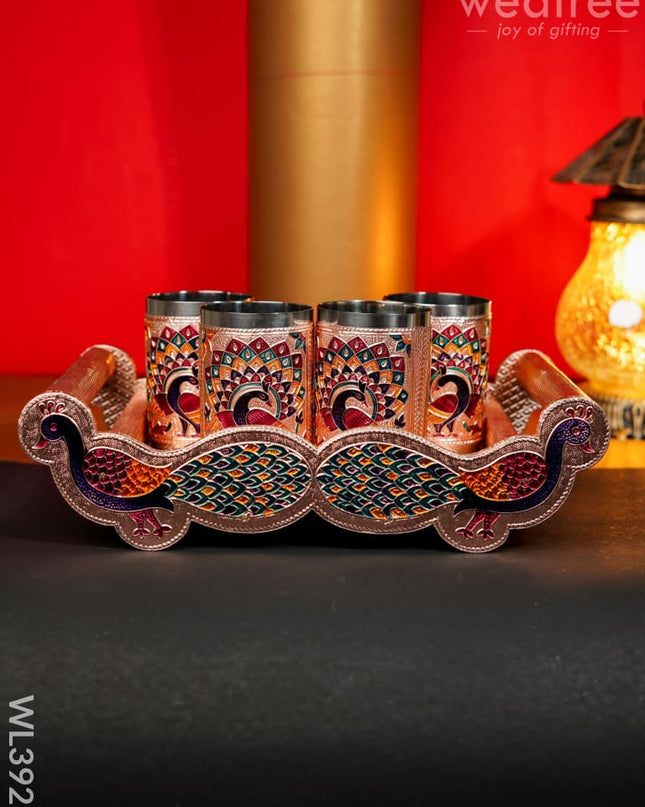 Meenakari Tray With Set Of 4 Glass - Wl3929 Trays & Plates