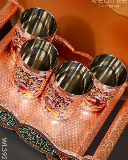 Meenakari Tray With Set Of 4 Glass - Wl3929 Trays & Plates