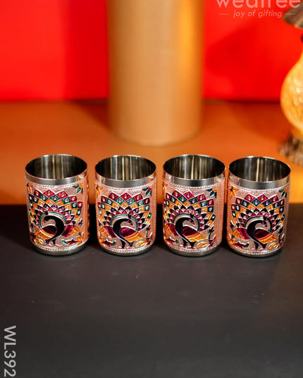 Meenakari Tray With Set Of 4 Glass - Wl3929 Trays & Plates