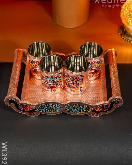 Meenakari Tray With Set Of 4 Glass - Wl3929 Trays & Plates