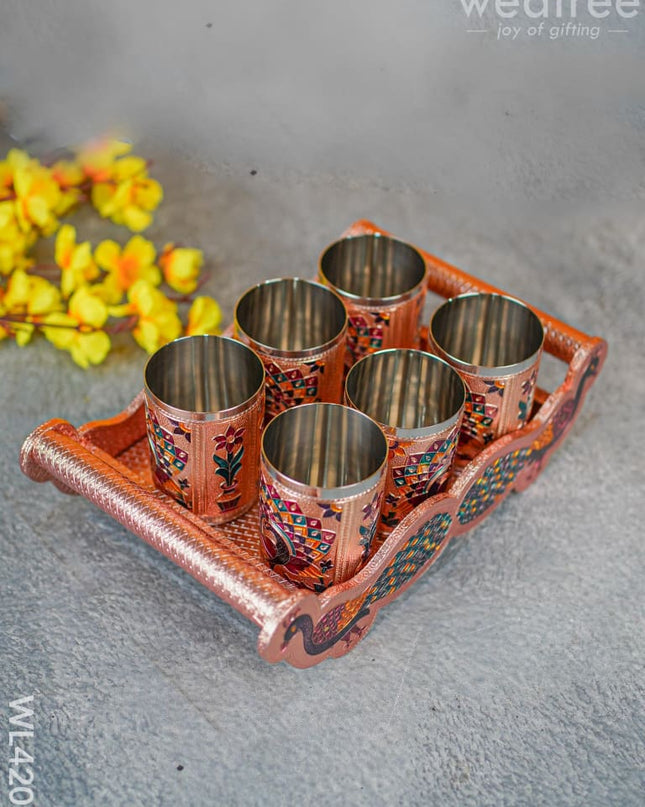 Meenakari Tray With Set Of 6 Glass - Wl4207 Trays & Plates