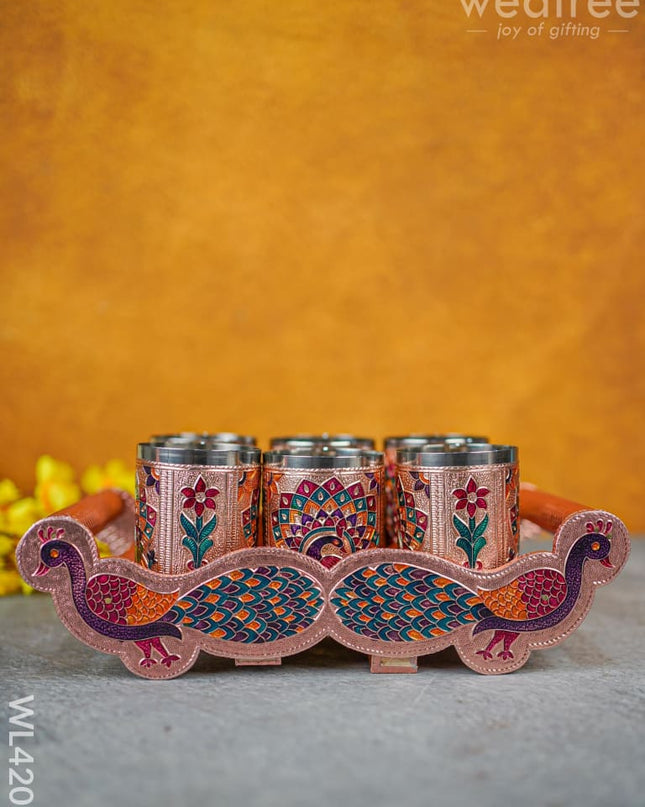 Meenakari Tray With Set Of 6 Glass - Wl4207 Trays & Plates