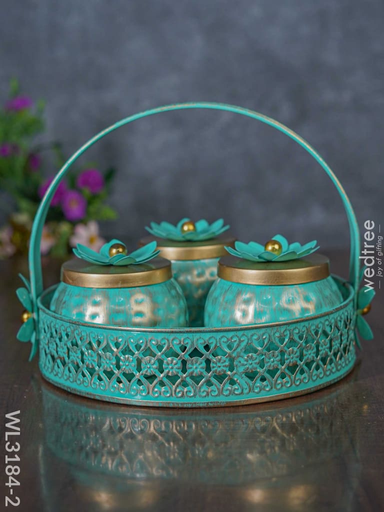 Metal Basket With Dry Fruit Container - Set Of 3 Wl3184 Blue Decor Utility