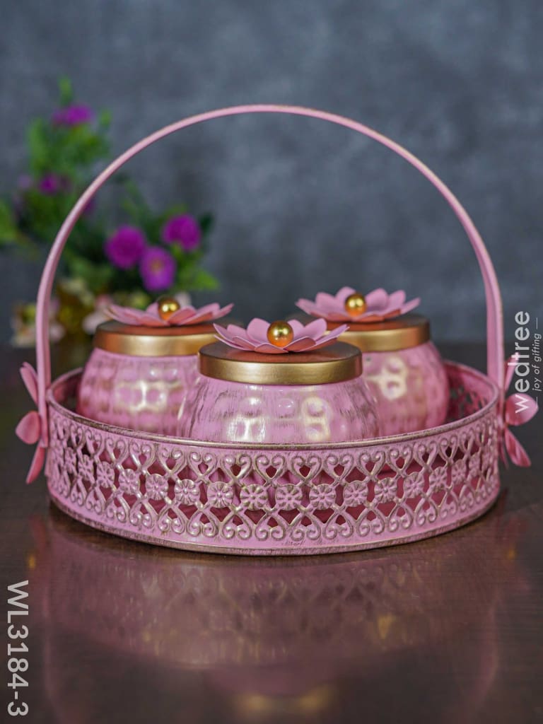 Metal Basket With Dry Fruit Container - Set Of 3 Wl3184 Pink Decor Utility