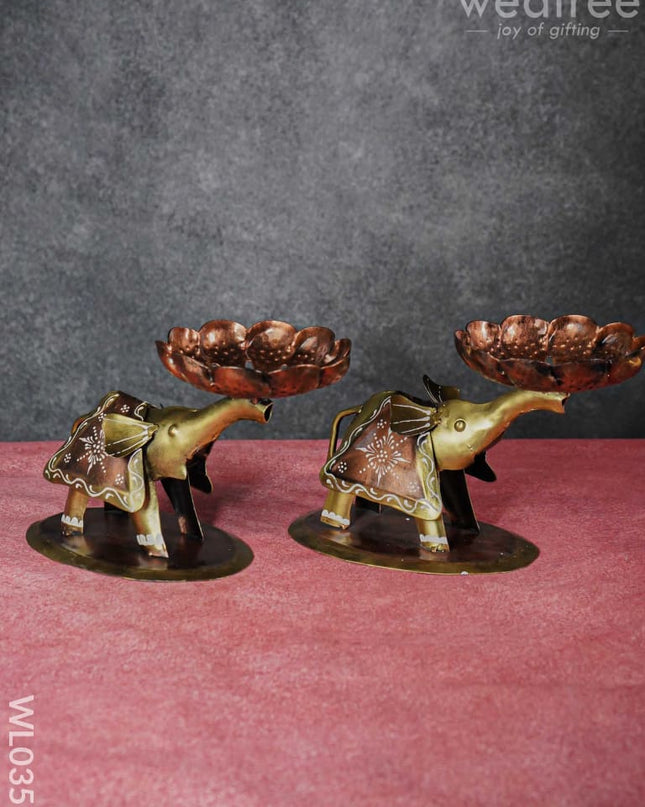 Metal Elephant T-Light Holder - Set Of 2 Wl0355 Candles And Votives