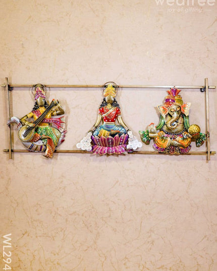Metal Hand Painted Lakshmi Ganesha Saraswathi In Frame - Wl2943 Decor Hanging