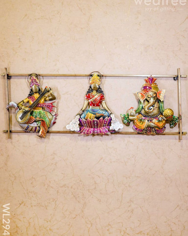 Metal Hand Painted Lakshmi Ganesha Saraswathi In Frame - Wl2943 Decor Hanging
