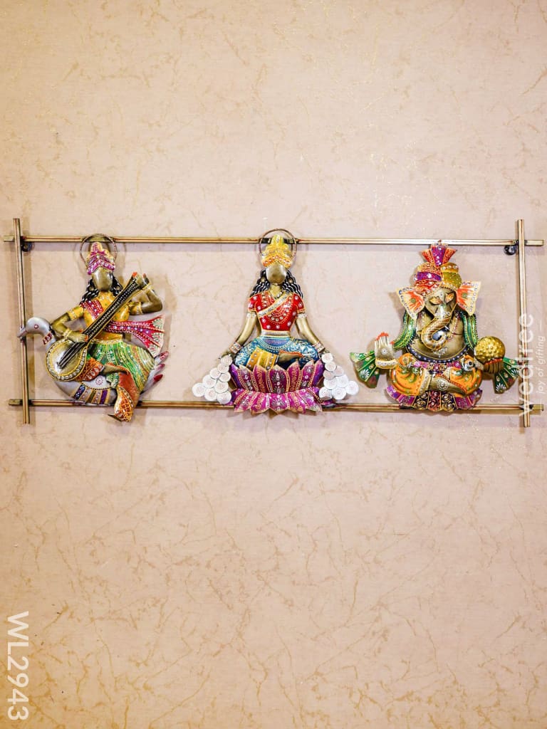 Metal Hand Painted Lakshmi Ganesha Saraswathi In Frame - Wl2943 Decor Hanging