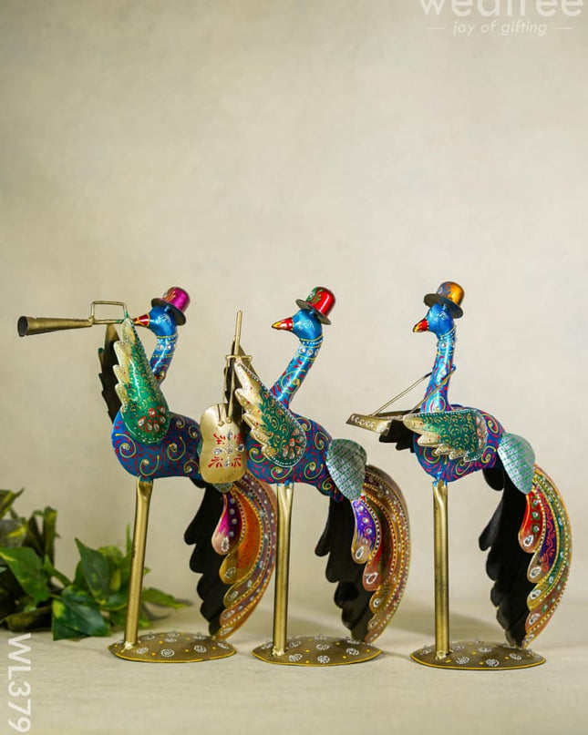 Metal Handpainted Peacock Musician - Set Of 3 Wl3795 Decor Showpiece