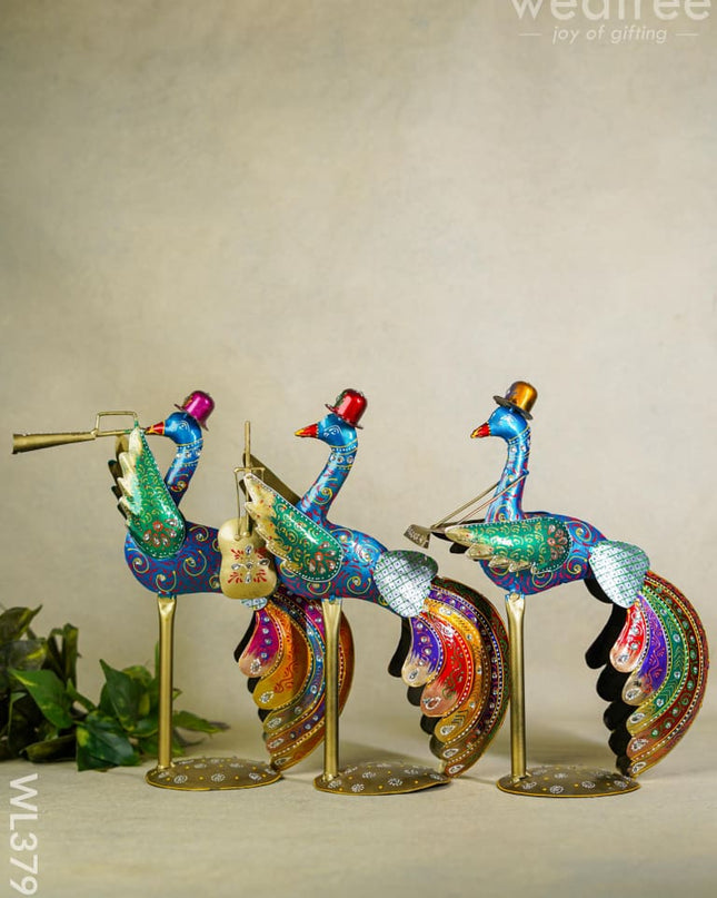 Metal Handpainted Peacock Musician - Set Of 3 Wl3795 Decor Showpiece