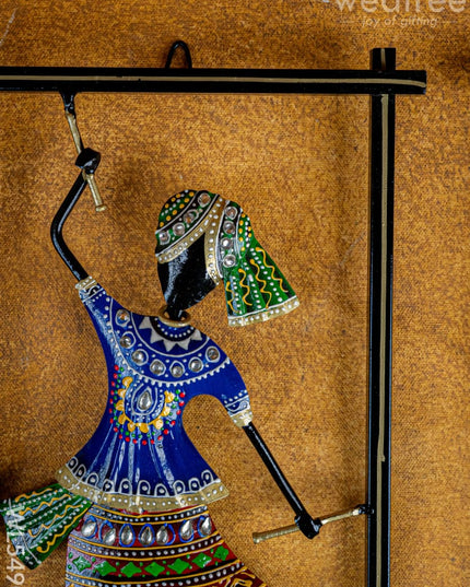 Metal Handpainted Couple Dandiya in Frame - 14 inch - WL5490 - Metal Decor Hanging
