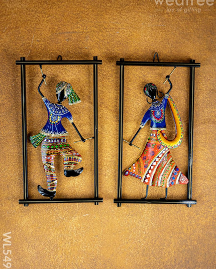 Metal Handpainted Couple Dandiya in Frame - 14 inch - WL5490 - Metal Decor Hanging
