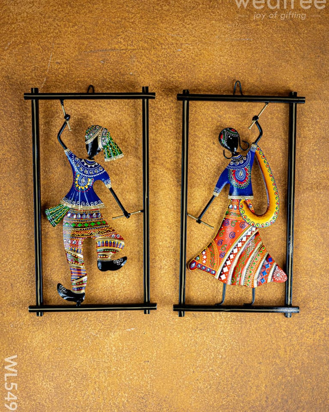 Metal Handpainted Couple Dandiya in Frame - 14 inch - WL5490 - Metal Decor Hanging