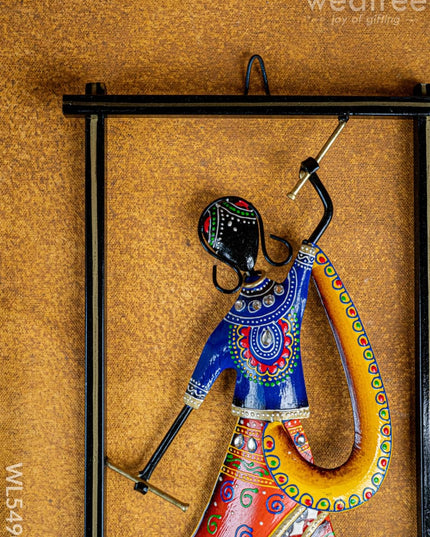 Metal Handpainted Couple Dandiya in Frame - 14 inch - WL5490 - Metal Decor Hanging