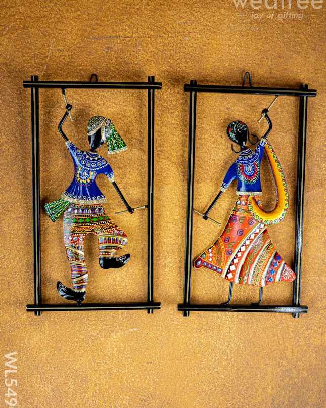 Metal Handpainted Couple Dandiya in Frame - 14 inch - WL5490 - Metal Decor Hanging