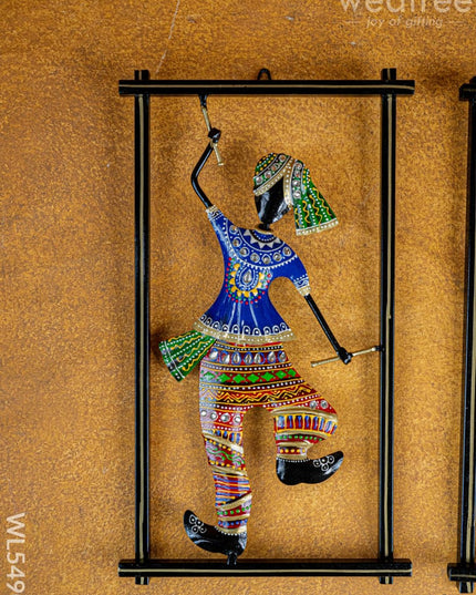 Metal Handpainted Couple Dandiya in Frame - 14 inch - WL5490 - Metal Decor Hanging