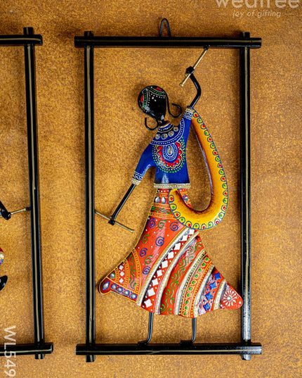 Metal Handpainted Couple Dandiya in Frame - 14 inch - WL5490 - Metal Decor Hanging