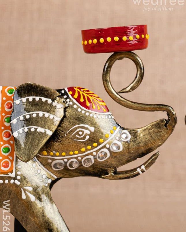 Metal Handpainted Elephant T Light Holder - Set of 2 - WL5260 - Metal Decor Showpiece
