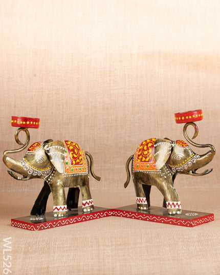 Metal Handpainted Elephant T Light Holder - Set of 2 - WL5260 - Metal Decor Showpiece