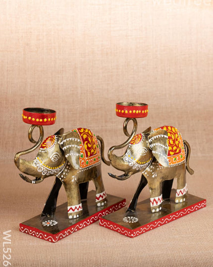 Metal Handpainted Elephant T Light Holder - Set of 2 - WL5260 - Metal Decor Showpiece