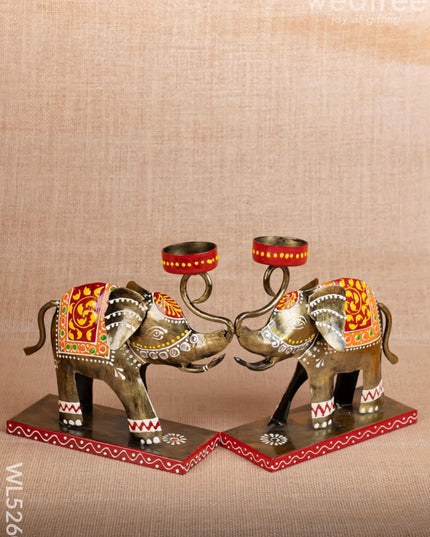 Metal Handpainted Elephant T Light Holder - Set of 2 - WL5260 - Metal Decor Showpiece