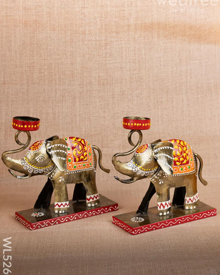 Metal Handpainted Elephant T Light Holder - Set of 2 - WL5260 - Metal Decor Showpiece
